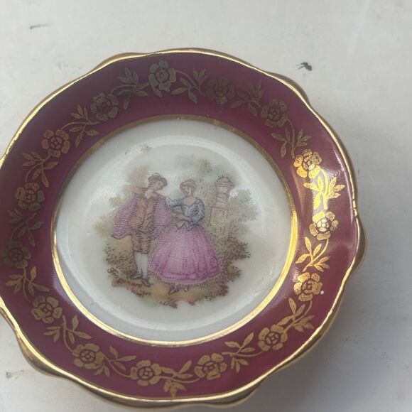 Vtg Limoges France La Reine Courting Couple Miniature Plate Set Magenta Gold - Picture 3 of 7